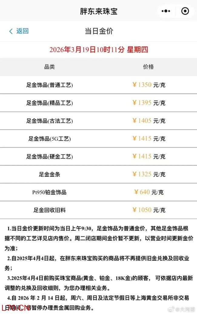 胖东来金饰克价跌至1315元，足金金条克价一夜跌60元 金价持续跳水